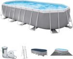 INTEX "Prism Frame" Pool oval Aufstellpool Komplettset (6,1 x 3,05 x 122cm) inkl. 12V Filterpumpe, Leiter, Abdeckplane & Bodenplane, Familienpool Swimmingpool Volumen ca 18.202 l, blau (26798GN)