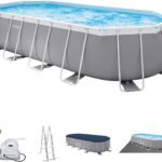 INTEX "Prism Frame" Pool oval Aufstellpool Komplettset (6,1 x 3,05 x 122cm) inkl. 12V Filterpumpe, Leiter, Abdeckplane & Bodenplane, Familienpool Swimmingpool Volumen ca 18.202 l, blau (26798GN)