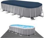 INTEX "Prism Frame" Pool oval Aufstellpool Komplettset (6,1 x 3,05 x 122cm) inkl. 12V Filterpumpe, Leiter, Abdeckplane & Bodenplane, Familienpool Swimmingpool Volumen ca 18.202 l, blau (26798GN)