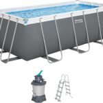 Bestway Power Steel Frame Pool Set mit Sandfilteranlage 412 x 201 x 122 cm, grau, eckig