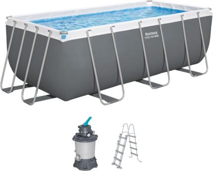 Bestway Power Steel Frame Pool Set mit Sandfilteranlage 412 x 201 x 122 cm, grau, eckig