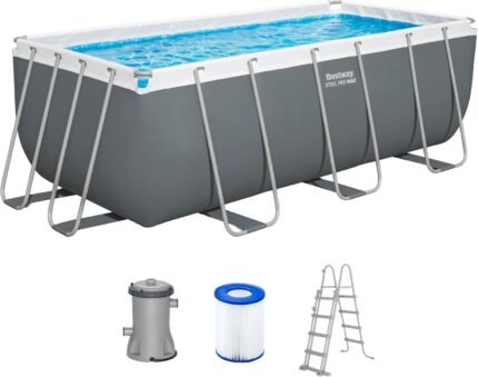 Bestway Power Steel Frame Pool Set mit Filterpumpe 412 x 201 x 122 cm, grau, eckig
