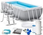 INTEX "PrismFrame" Pool rechteckig Aufstellpool Komplettset (400 x 200 x 100 cm) inkl. 12V Filterpumpe & Sicherheitsleiter Familienpool Swimmingpool Volumen ca 6.836l, blau (26788GN)