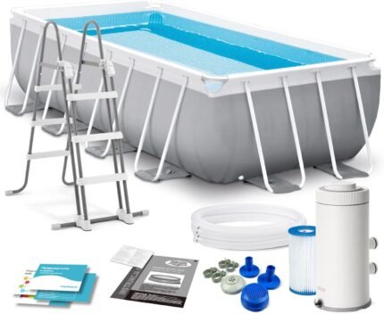 INTEX "PrismFrame" Pool rechteckig Aufstellpool Komplettset (400 x 200 x 100 cm) inkl. 12V Filterpumpe & Sicherheitsleiter Familienpool Swimmingpool Volumen ca 6.836l, blau (26788GN)