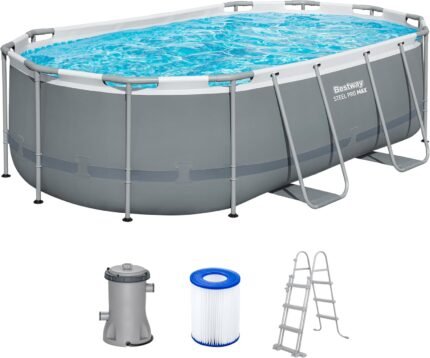 Bestway Power Steel Frame Pool Set mit Filterpumpe 427 x 250 x 100 cm, grau, oval