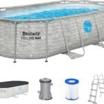 Bestway Power Steel Swim Vista Series Frame Pool Komplett-Set mit Filterpumpe 427 x 250 x 100 cm, Steinwand-Optik (Cremegrau), oval