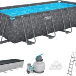 Bestway APX365 Winterfestes Frame Pool Set, Sandfilteranlage, 549 x 274 x 132 cm, 16.477 L, Stahlrahmen, Polar-Shield, Dunkle Marmor-Optik, Sicherheitsleiter, Abdeckplane, Werkzeugloser Aufbau, DEKRA