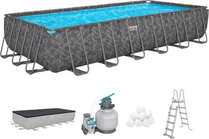 Bestway APX365 Winterfestes Frame Pool Set, 732 x 366 x 132 cm, Sandfilteranlage, 30.045 Liter, Dunkle Marmor-Optik, Ganzjahresschutz, Werkzeugloser Aufbau, Sicherheitsleiter, Abdeckplane