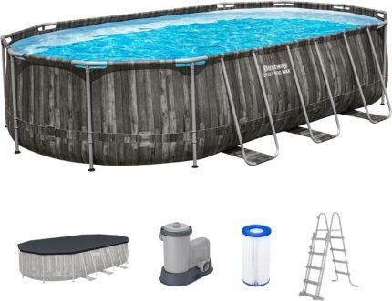 Bestway Steel Pro MAX Frame Pool Komplett-Set, 610 x 366 x 122 cm, Holz-Optik, 20.241 L, 3-lagiges TriTech-Material, ClickConnect System, Filterpumpe, Sicherheitsleiter, Abdeckplane, Reparaturflicken