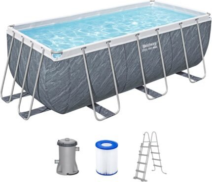 Bestway Power Steel Frame Pool Set mit Filterpumpe 412 x 201 x 122 cm, Marmor-Optik (Schiefergrau), eckig