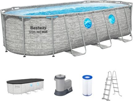 Bestway Power Steel Swim Vista Series Frame Pool Komplett-Set mit Filterpumpe 549 x 274 x 122 cm, Steinwand-Optik (Cremegrau), oval