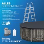 Bestway Steel Pro MAX Frame Pool Komplett-Set, 610 x 366 x 122 cm, Holz-Optik, 20.241 L, 3-lagiges TriTech-Material, ClickConnect System, Filterpumpe, Sicherheitsleiter, Abdeckplane, Reparaturflicken