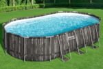 Bestway Steel Pro MAX Frame Pool Komplett-Set, 610 x 366 x 122 cm, Holz-Optik, 20.241 L, 3-lagiges TriTech-Material, ClickConnect System, Filterpumpe, Sicherheitsleiter, Abdeckplane, Reparaturflicken
