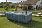 Bestway Power Steel Frame Pool Set mit Filterpumpe 412 x 201 x 122 cm, Marmor-Optik (Schiefergrau), eckig