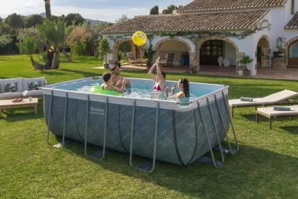 Bestway Power Steel Frame Pool Set mit Filterpumpe 412 x 201 x 122 cm, Marmor-Optik (Schiefergrau), eckig