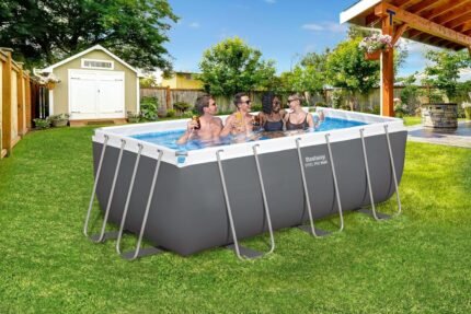 Bestway Power Steel Frame Pool Set mit Sandfilteranlage 412 x 201 x 122 cm, grau, eckig