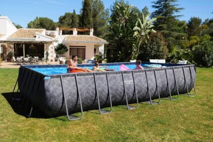 Bestway APX365 Winterfestes Frame Pool Set, 732 x 366 x 132 cm, Sandfilteranlage, 30.045 Liter, Dunkle Marmor-Optik, Ganzjahresschutz, Werkzeugloser Aufbau, Sicherheitsleiter, Abdeckplane
