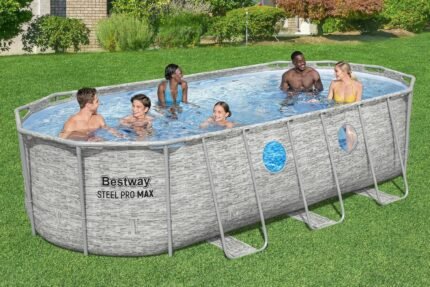 Bestway Power Steel Swim Vista Series Frame Pool Komplett-Set mit Filterpumpe 549 x 274 x 122 cm, Steinwand-Optik (Cremegrau), oval
