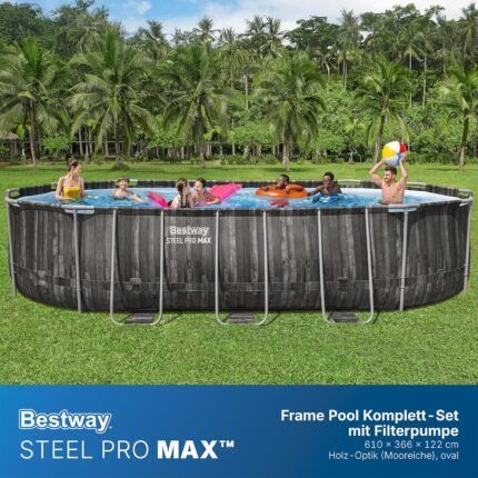 Bestway Steel Pro MAX Frame Pool Komplett-Set, 610 x 366 x 122 cm, Holz-Optik, 20.241 L, 3-lagiges TriTech-Material, ClickConnect System, Filterpumpe, Sicherheitsleiter, Abdeckplane, Reparaturflicken